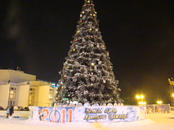 Главная елка украшена разноцветными  шарами и снежинками