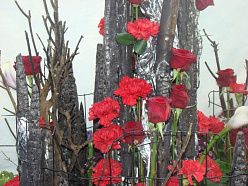 Экспозиция обуглившихся головешек на фоне красных цветов посвящена войне